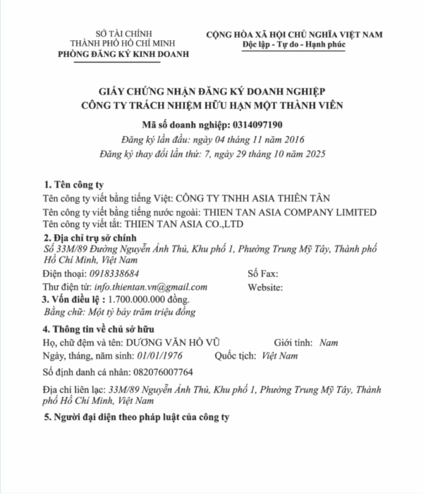 Giấy phép kinh doanh - Mặt trước